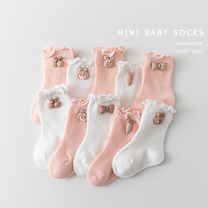 新生婴幼儿宝宝0-3-6-12个月纯棉春秋季女童小童公主白色中筒袜子
