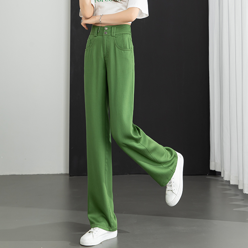 绿色天丝牛仔裤女夏薄款冰丝长裤2024新款高腰垂感直筒窄版阔腿裤