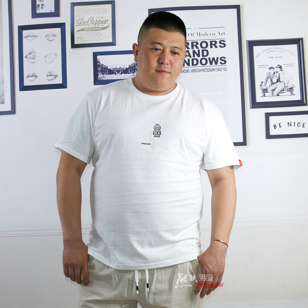 热销棉男服_胖熊男士t恤纯棉弹力大码肥胖运动吸汗家居休闲肥佬短袖