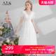 艾丽丝2024夏季新款超仙白色公主裙修身显瘦短袖蕾丝中长款连衣裙