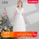 艾丽丝2024夏季新款超仙白色公主裙修身显瘦短袖蕾丝中长款连衣裙
