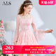 艾丽丝2024春季新款甜美红色蕾丝连衣裙粉色刺绣方领短款仙女裙女