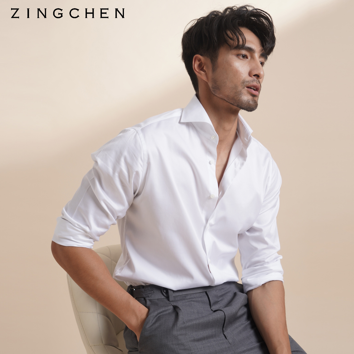 zingchen白色衬衫长袖男士 意式一字领温莎领商务休闲正装衬衣