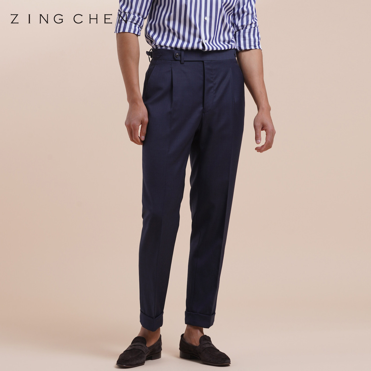 【100%澳毛】zingchen西裤男 意式商务高腰卷边 精纺羊毛藏青色