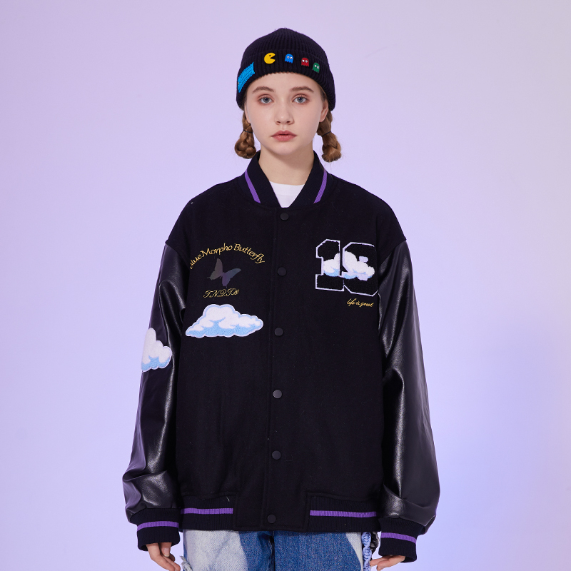 tnqt官方tourniquet 潮牌白云毛巾绣pu皮棒球服毛呢夹克外套男女