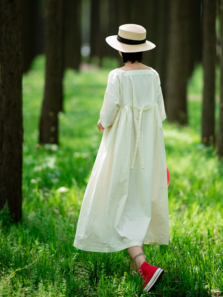 WUTELA棉麻女装夏季高密棉短袖连衣裙女白色娃娃裙宽松长裙子文艺