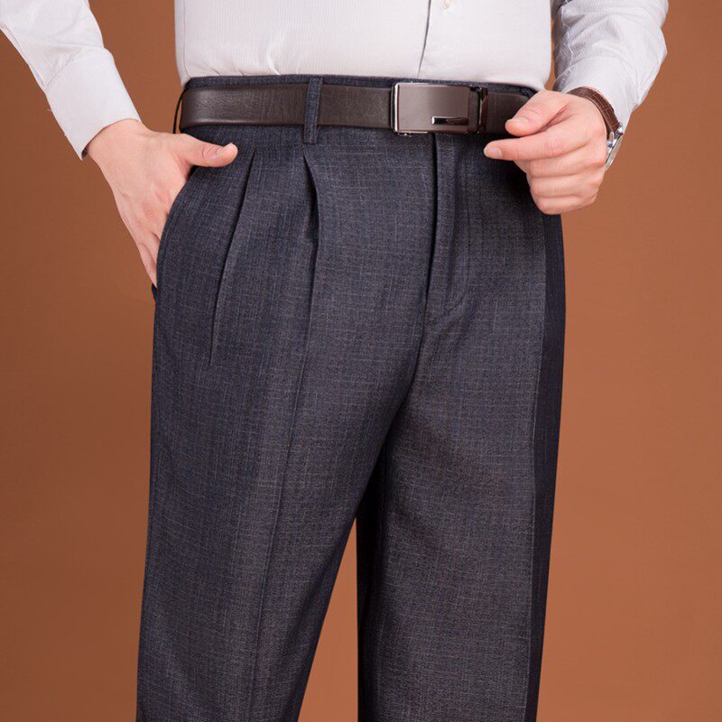 中老年男士西裤秋冬高腰双褶宽松阔腿大码男裤黑色商务西装裤子厚