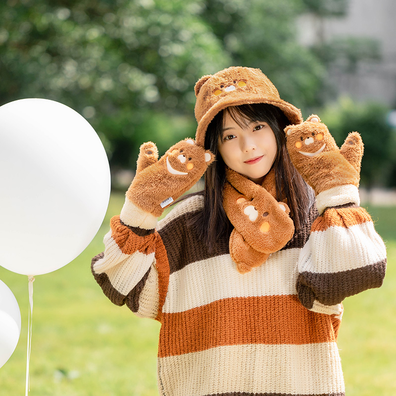 冬季ins日系软妹挂脖手套女冬天可爱毛绒保暖学生加绒骑车用韩版