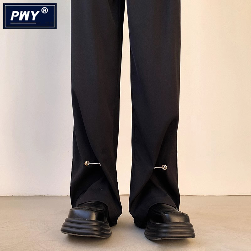 潮牌纯黑色意式那不勒斯西裤男夏季2024新款直筒新中式垂感微喇裤
