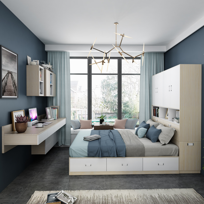 零甲醛定制卧室欧式榻榻米衣柜床组合定做飘窗地台衣柜书桌柜一体