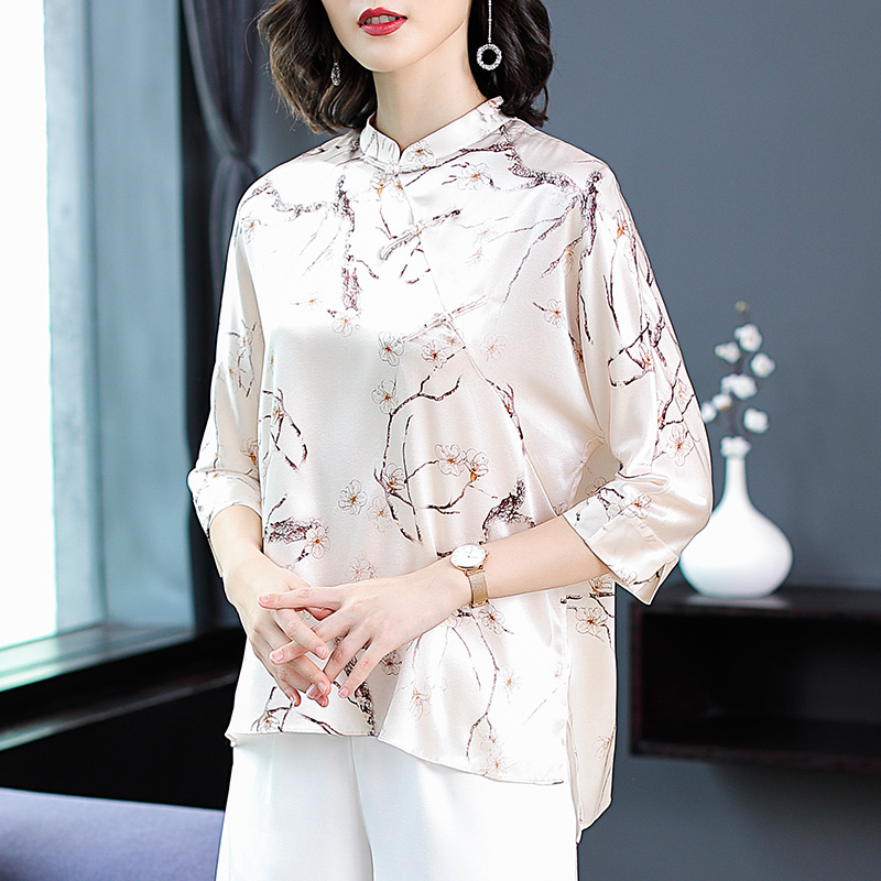 真丝上衣女2020秋季新款中年妈妈网纱亮丝纯色小衫洋气桑蚕丝长袖