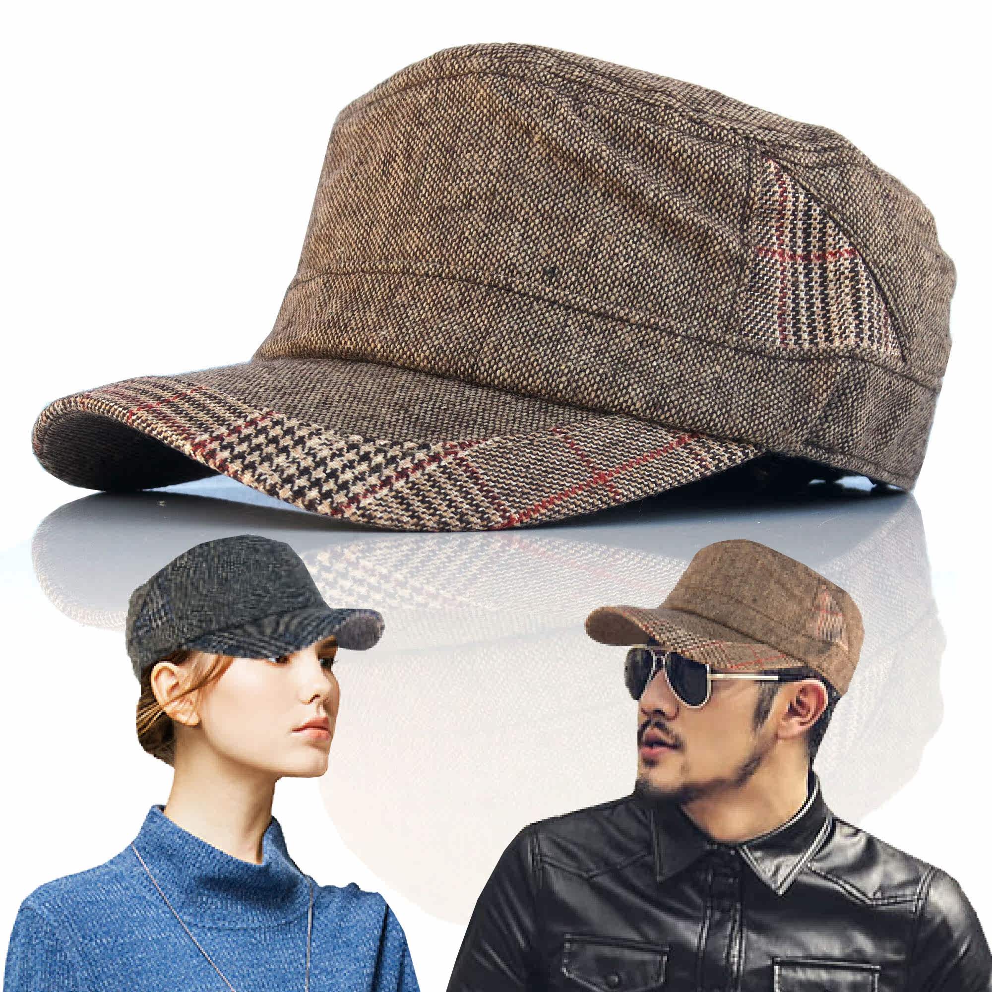 鸭舌帽春秋女生_平顶帽女生时尚英伦千鸟格纹军帽子男春秋冬百搭造型