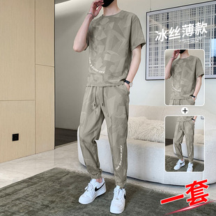 男士短袖休闲运动套装夏季薄款冰丝衣服潮牌夏天帅气搭配一套男装