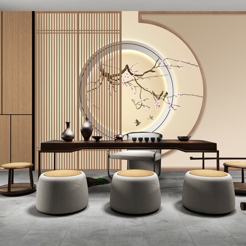 8d立体现代新中式风格墙纸高档简约花鸟客厅背景墙布装修茶室壁纸