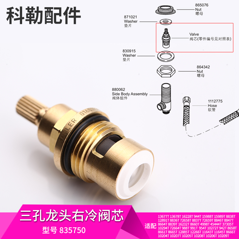 科勒原装正品配件三孔面盆冷热水龙头阀芯适配大部分龙头835750