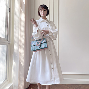 春秋季新款白色衬衫领连衣裙女韩版显瘦小个子中长款裙子品牌专柜