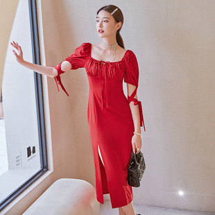 气质优雅正红色长款连衣裙复古方领高腰开叉一步裙夏专柜品牌潮流
