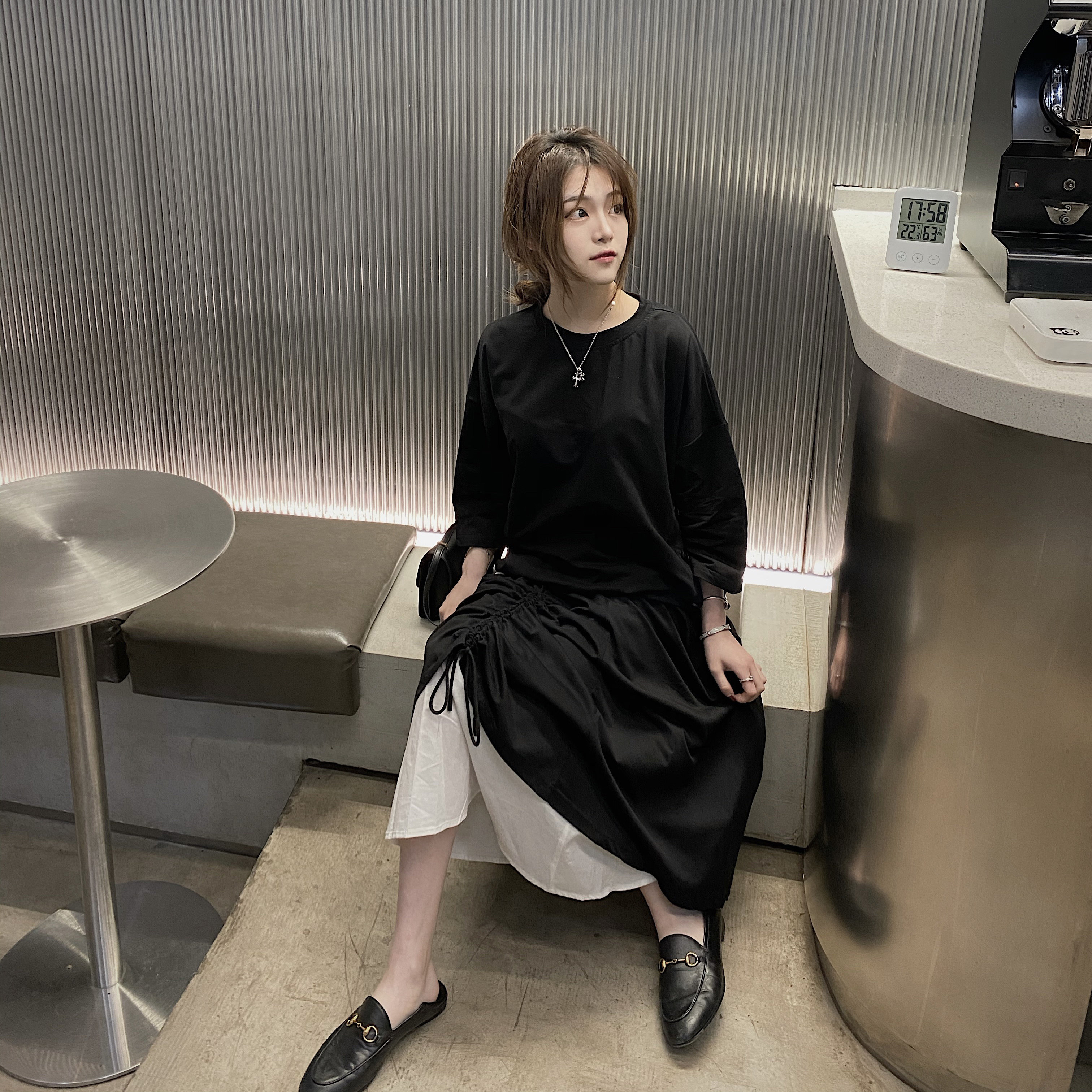 李嘉慧jnnlh2020春新款假两件抽绳裙女中长款不规则褶皱半身裙子