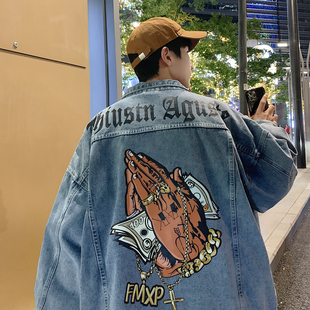 西海岸hiphop高街男潮外套设计感小众胖子大码浅蓝色涂鸦牛仔夹克
