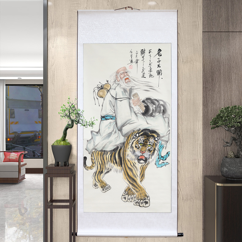 手绘老子出关图宣纸卷轴画新中式客厅卧室挂画达摩祖师画像渡江图