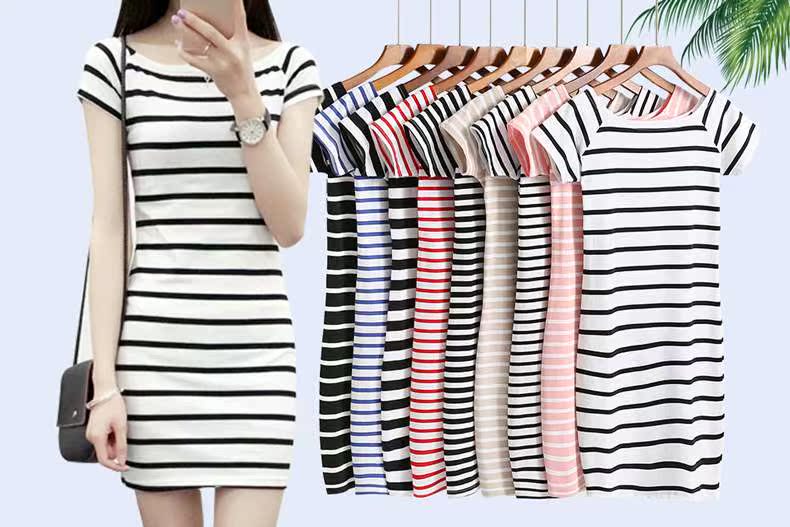 2019 Spring and summer new pattern Word collar Red and white stripe Short sleeved Dress Large Korean Edition Self cultivation Package hipin the Women's clothing/Boutique , Dress category - from Buy2taobao.com to provide professional Taobao agent buy service