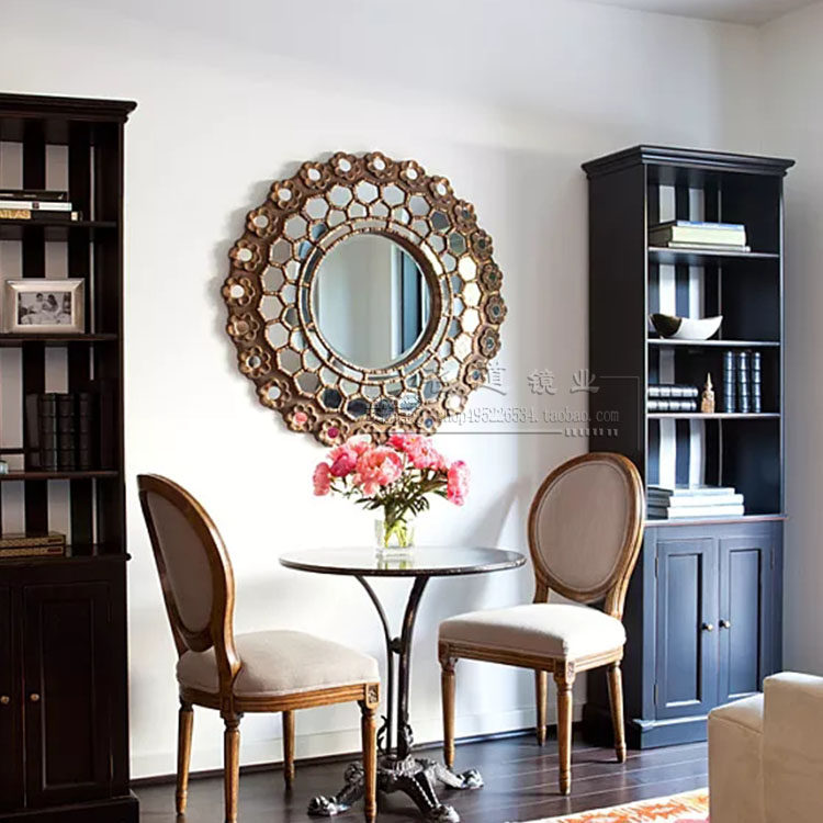 欧式复古雕花艺术圆形玄关装饰镜壁炉餐厅背景墙壁挂镜子床头大镜