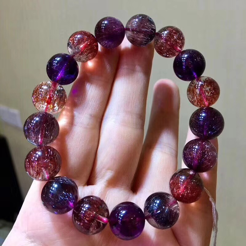 天然三轮骨干超七水晶紫发晶彩发晶手串手链男女云母片发晶半宝石