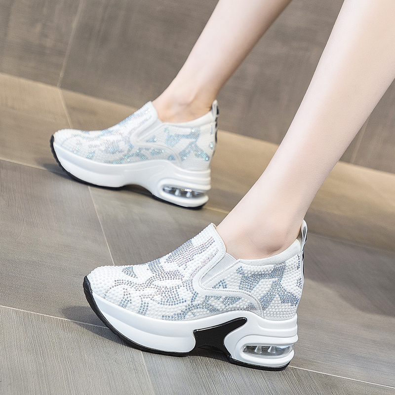 内增高小白鞋女2024秋季新款小个子一脚蹬水钻厚底运动休闲气垫鞋