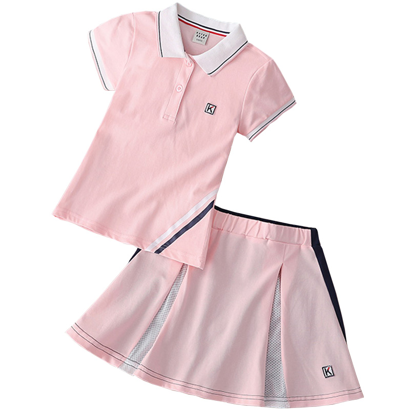 女童高尔夫衣服套装纯棉透气网球棒球运动两件套童装短袖T恤短裙