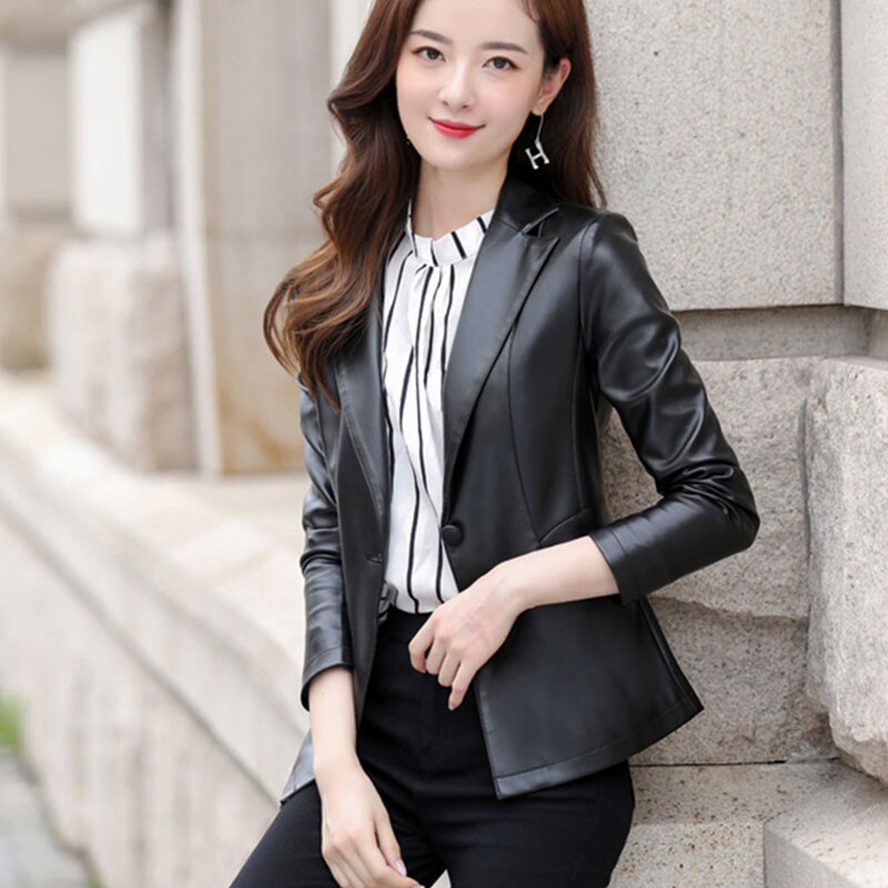 皮衣外套女秋冬新款韩版海宁夹棉真皮西装领一粒扣短款女士皮夹克