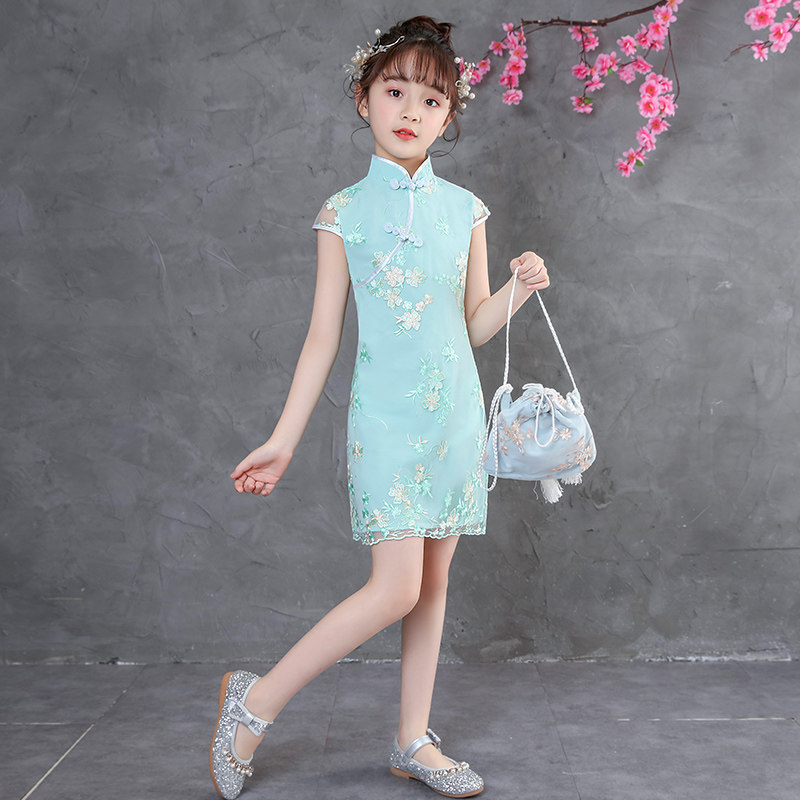 女童旗袍中国风小女孩日常蕾丝夏季绣花中大童旗袍儿童连衣裙短款