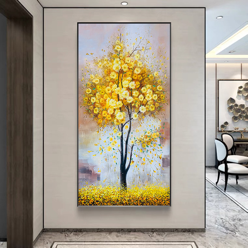 发财树黄金满地装饰油画网红入户正对门玄关画高级感挂画现代轻奢