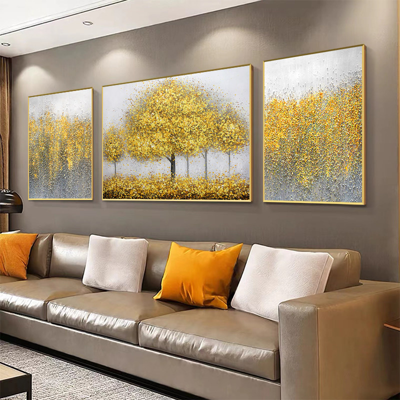 纯手绘发财树客厅三连装饰画沙发上面的挂画深圳大芬油画村旗舰店