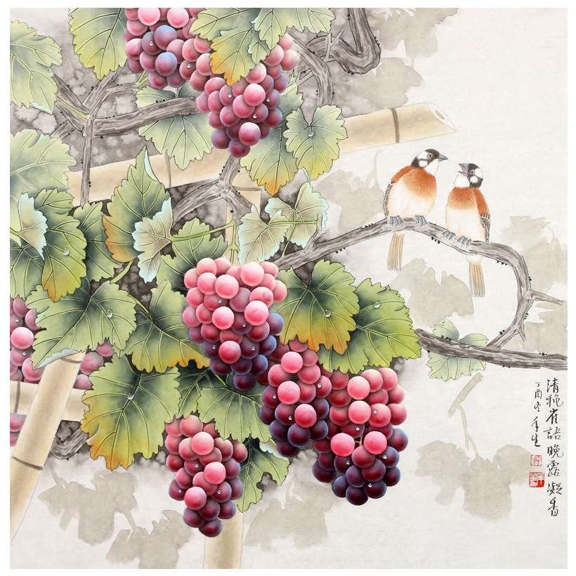 李年生《清秋雀语》当代著名工笔画家 有葡萄王之美誉