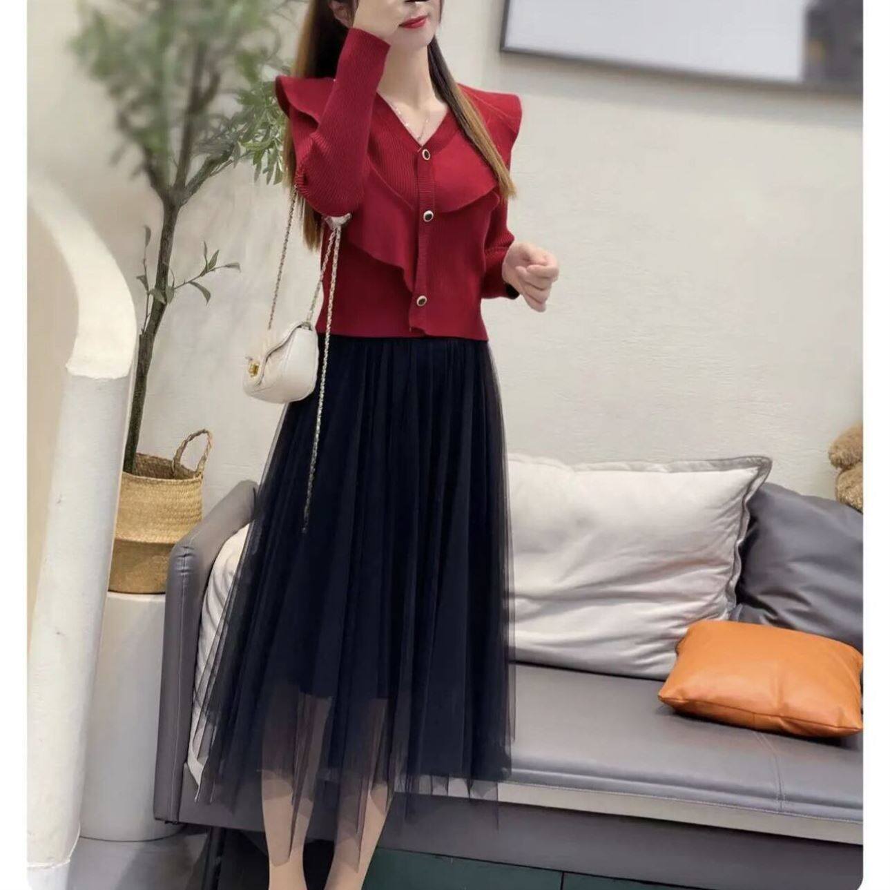 秋季新款荷叶边针织上衣气质套装显瘦高腰半身裙纱裙温柔风两件套