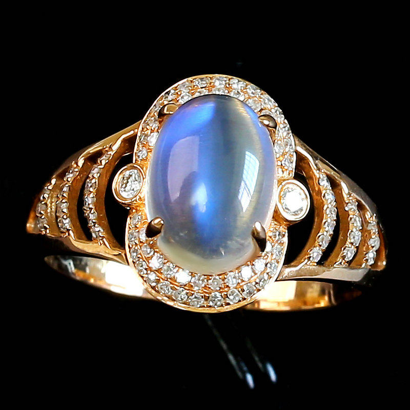 奢华高贵 极美蓝光 天然顶级冰种月光石戒指 18k金镶钻石