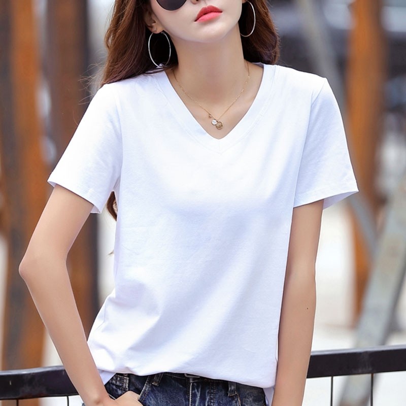 v领短袖2022新款宽松丅恤夏季上衣大码半袖小衫纯白色t恤女体桖衫