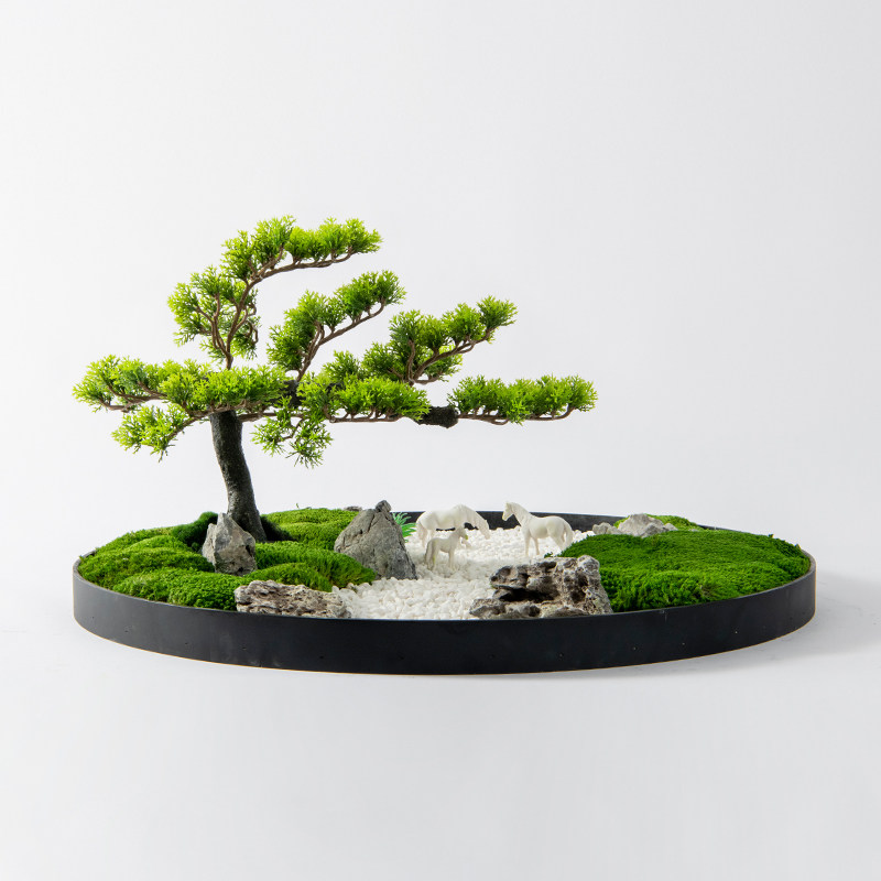 新中式盆景酒店装饰品微缩景观圆形大型餐桌绿植端景台花摆件
