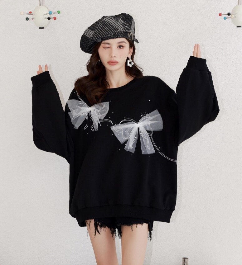 kroche官方授权蝴蝶结廓形水钻圆领卫衣女设计感小众ins潮上衣