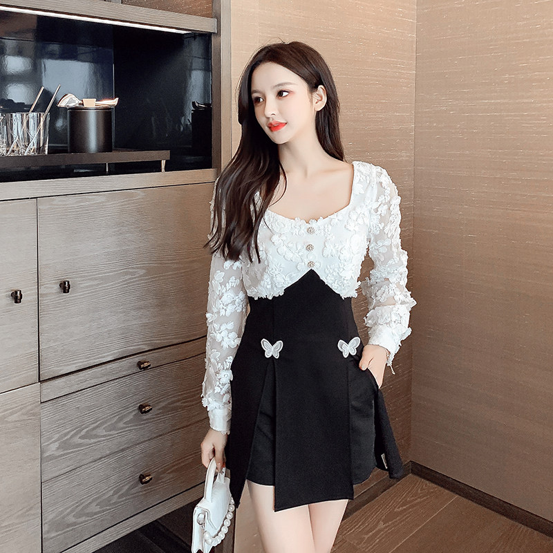 秋冬2020年新款御姐范气质女神连衣裙收腰显瘦长袖方领a字裙套装