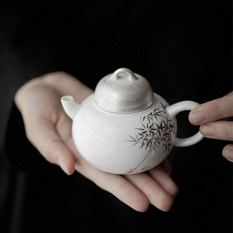 复古中式手绘竹子茶壶家用陶瓷带过滤泡茶壶功夫茶具鎏银口小壶
