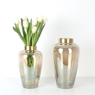 新品北欧简约透明玻璃铜圈花瓶欧式创意装饰品客厅插花干花器家居