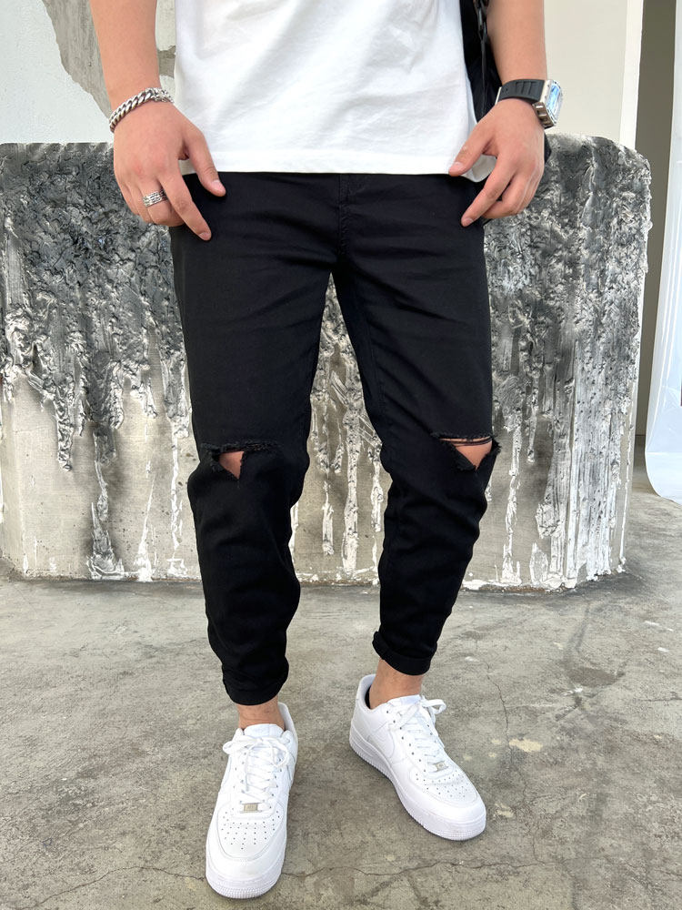 春季新款黑色牛仔裤男潮牌ins高弹破洞修身长裤青年薄款休闲裤子