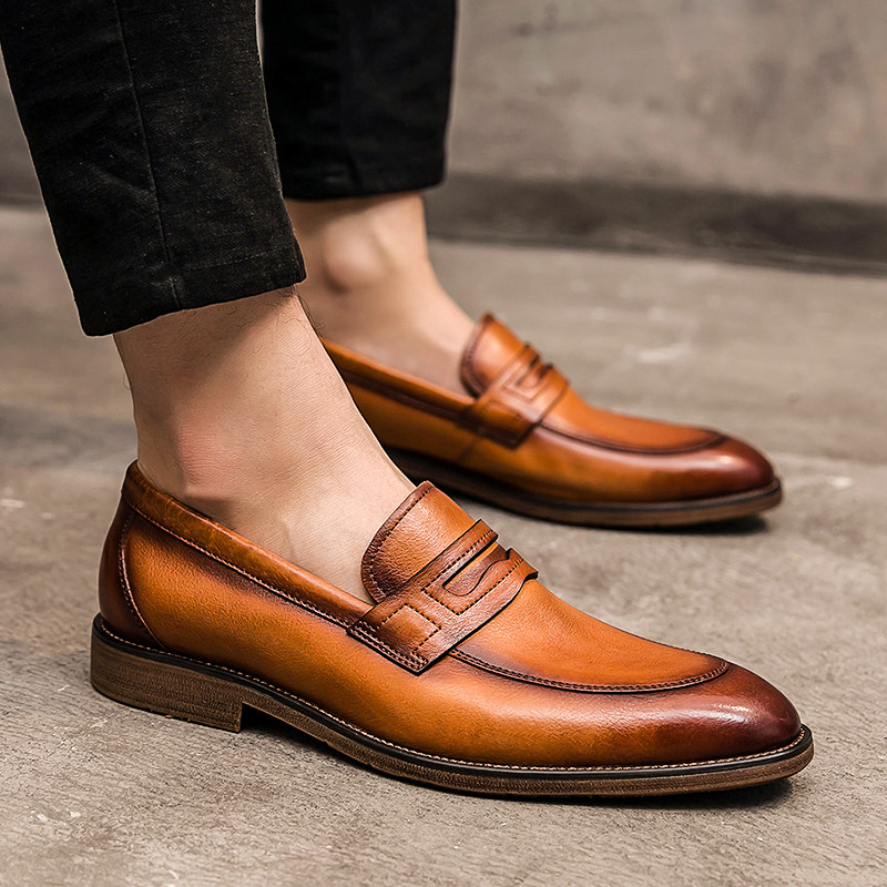 夏季休闲皮鞋男士潮流真皮增高商务男鞋英伦透气百搭尖头乐福鞋男-mc