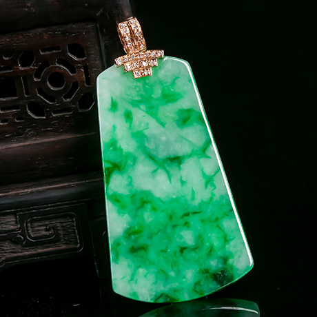 翠贵人天然a货翡翠糯种满绿色平安无事牌吊坠 18k金女款玉挂坠