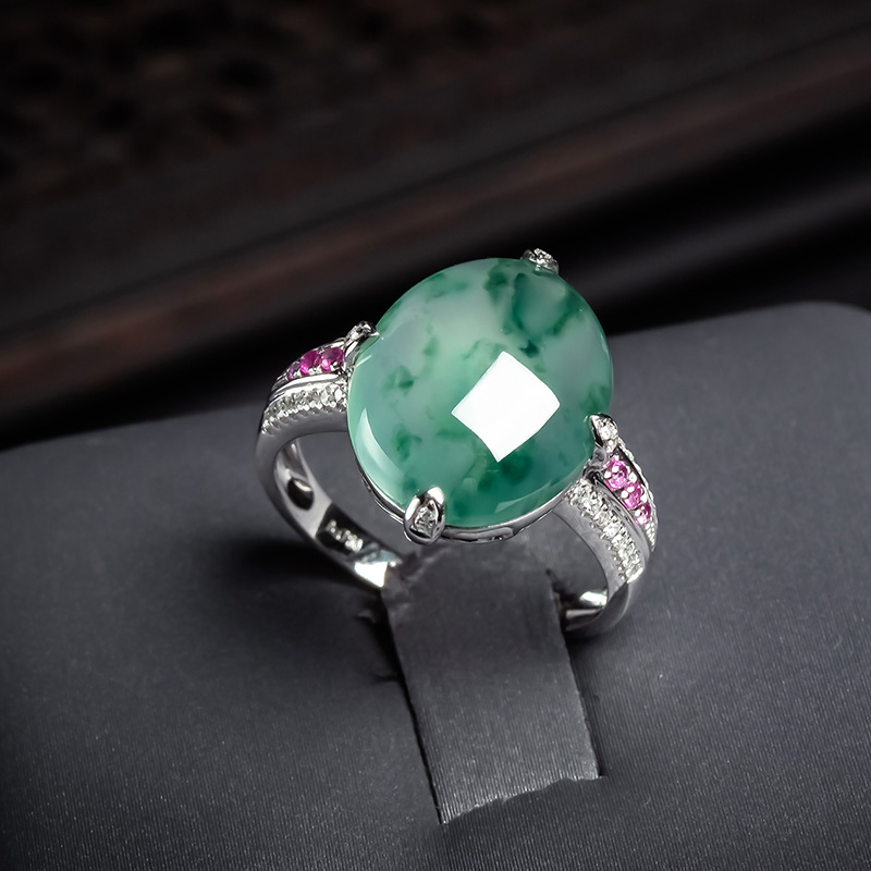 天然a货翡翠戒指冰种飘花玉石戒指18k金镶嵌女款玉戒老坑戒面正品