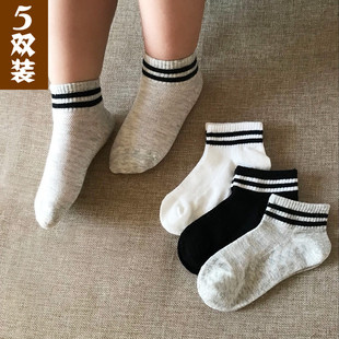 春夏季儿童袜子带网眼纯棉透气纯色两条杠运动低帮黑白灰学生短袜