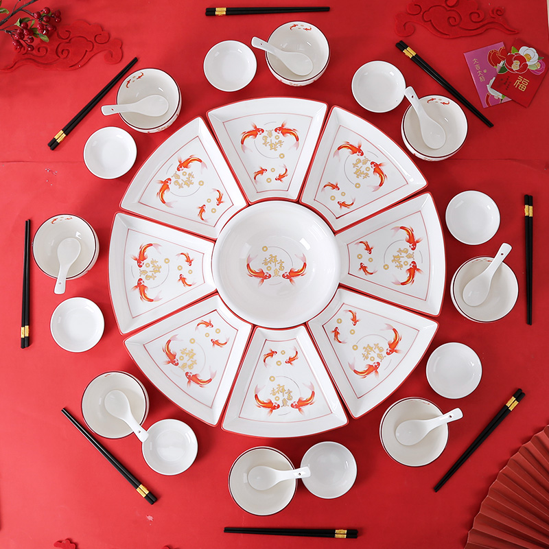 中式喜庆陶瓷餐具套装团圆拼盘结婚回礼家用厨房碗盘勺筷碟多件套