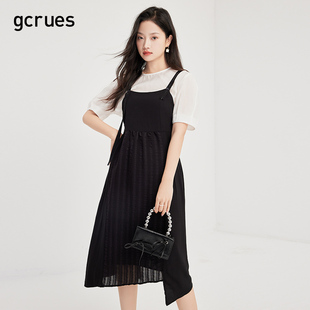 gcrues女神范两件套连衣裙女2024夏新款设计感短袖吊带裙套装黑色