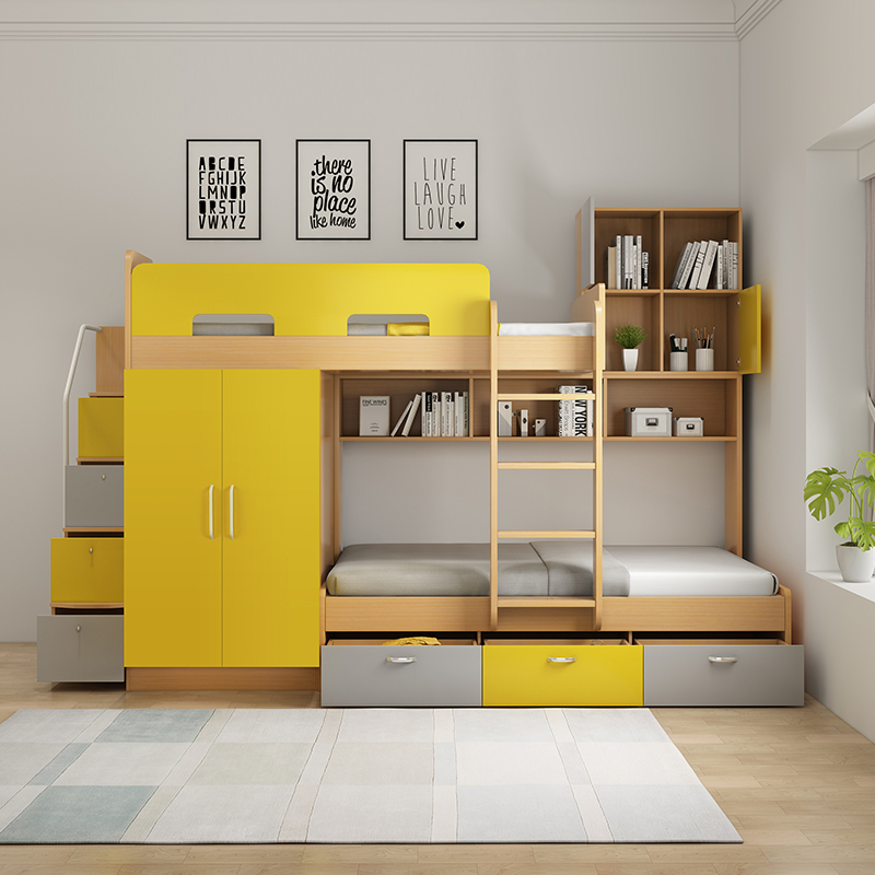 定制小户型交错式高低子母床成人儿童房上下铺衣柜书桌l形组合床